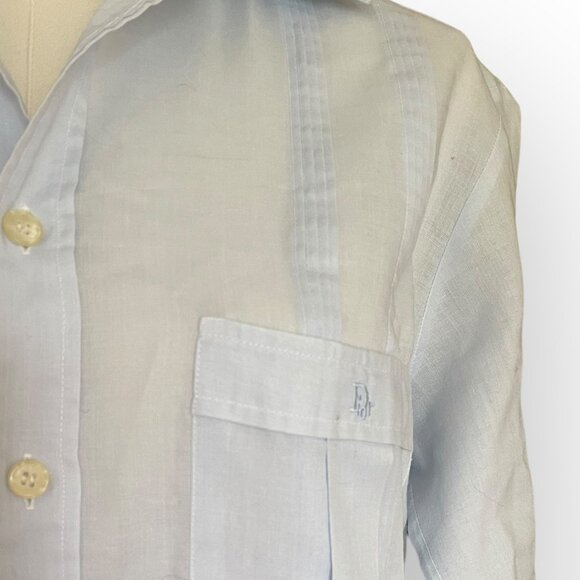 VTG Christian Dior Pale Blue Pleated Long Sleeve Guayabera Shirt Small - Picture 6 of 11